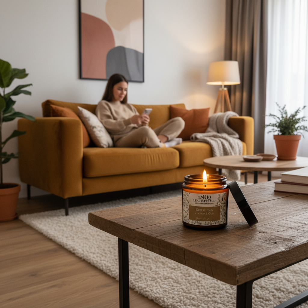 Bougie parfumée Cuir et Oud, cire végétale soja et coco - coulée à la main - 80g