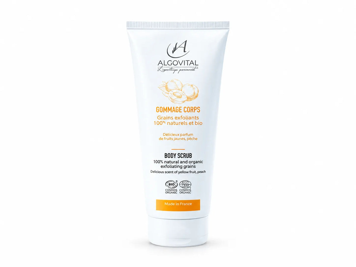 Gommage corps bio aux noyaux d'abricot - exfoliant naturel, parfum pêche - 200 ml