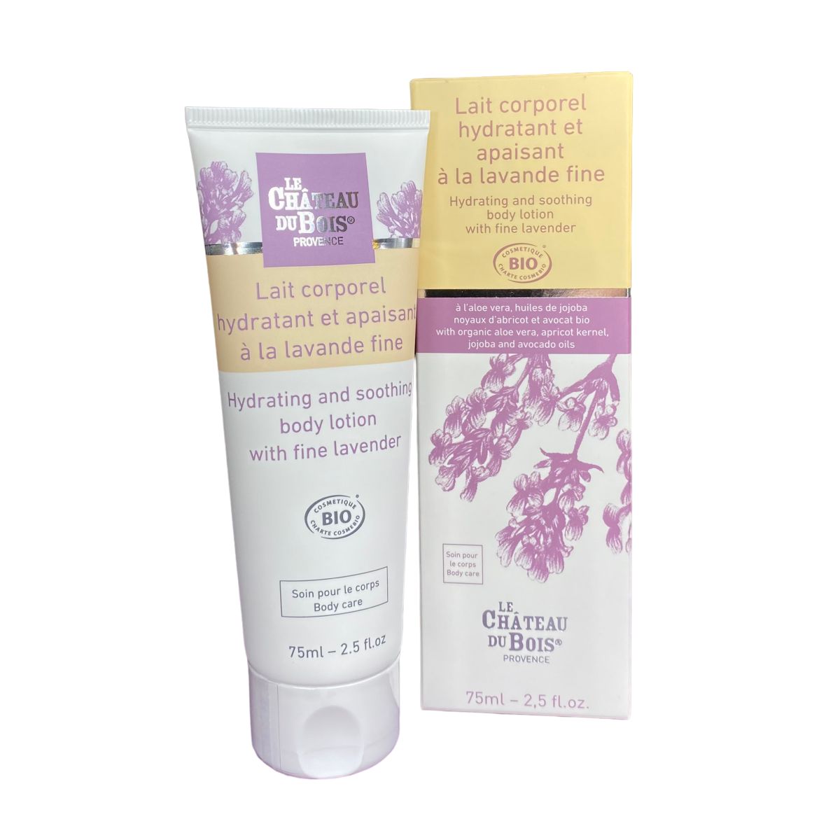 Lait corporel hydratant et apaisant à la lavande fine, aloe vera, huiles de jojoba, abricot et avocat - 75ml
