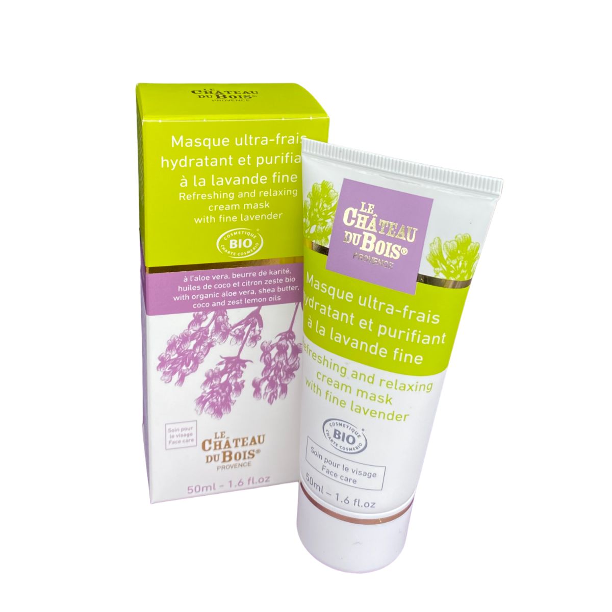 Masque visage ultra-frais à la lavande fine, aloé vera, karité, huiles de coco et citron - 50ml