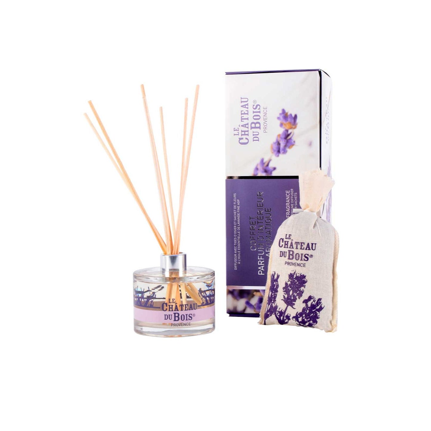 Coffret parfum d'intérieur aromatique à la Lavande Fine de Provence - diffuseur avec tiges d'osier et sachet de fleurs de lavande et lavandin