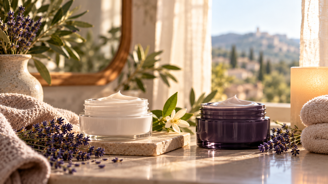 Crèmes visage dans une ambiance douce évoquant le matin et le soir