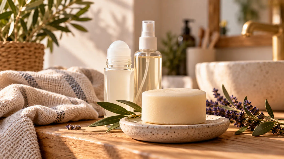 Déodorants roll-on, spray et solide dans une salle de bain lumineuse aux accents de Provence