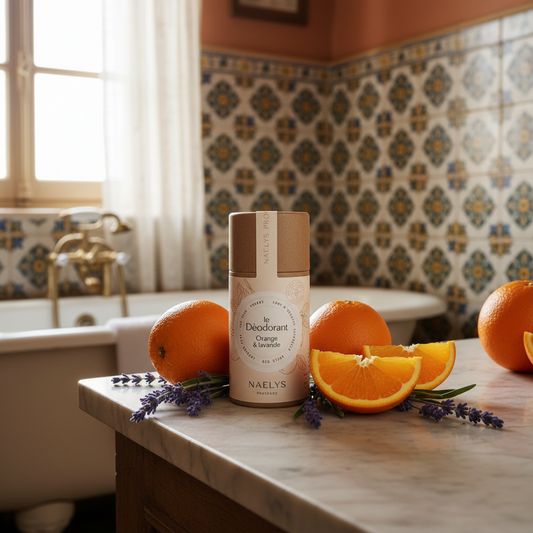 Déodorant solide Orange et Lavande de Provence dans une salle de bain chaleureuse avec oranges et lavande