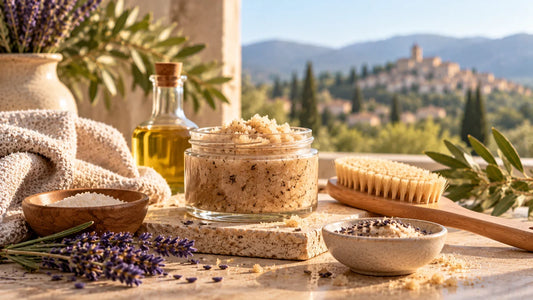 Gommage corps dans une mise en scène provençale avec cristaux exfoliants, lavande et accessoires en bois