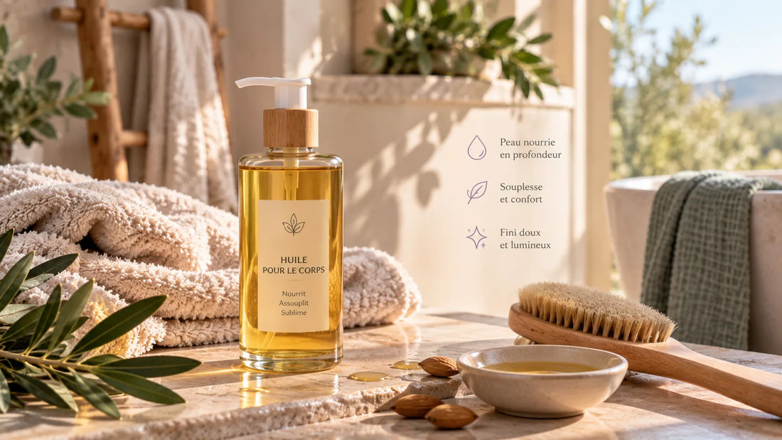 Huile pour le corps dans une ambiance spa provençale, avec serviettes, végétaux et brosse en bois