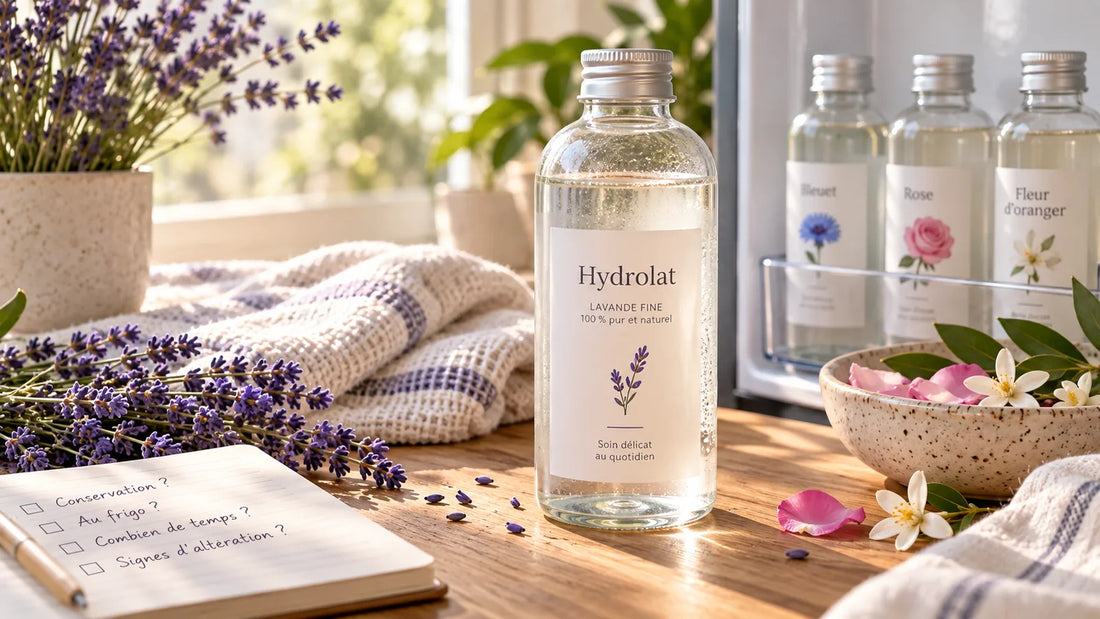 Hydrolat de lavande et eaux florales dans une ambiance naturelle de Provence, avec rappel sur leur conservation