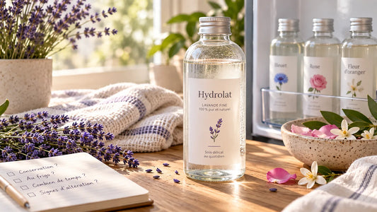 Hydrolat de lavande et eaux florales dans une ambiance naturelle de Provence, avec rappel sur leur conservation