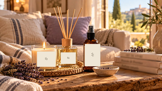 Bougie parfumée, diffuseur à tiges et brume textile dans un intérieur chaleureux inspiré de la Provence