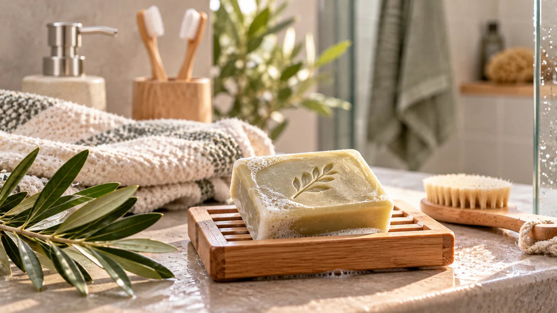 Savon solide sur porte-savon drainant dans une salle de bain naturelle, avec linge et branches d'olivier