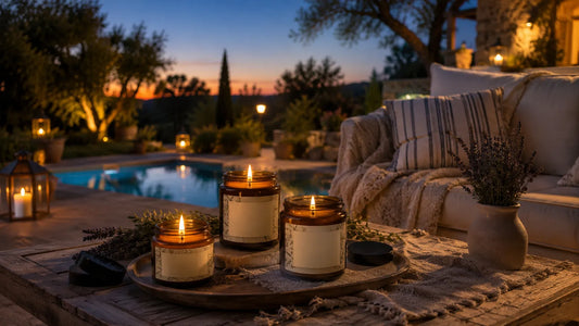 Bougies parfumées au bord d'une piscine au crépuscule, ambiance salon d'été cocooning en Provence