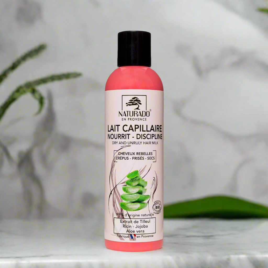 Lait capillaire pour cheveux rebelles - Crépus - Frisés et secs, à l'Aloe vera, extrait de Tilleul, Huile de Ricin et Jojoba - 200 ml