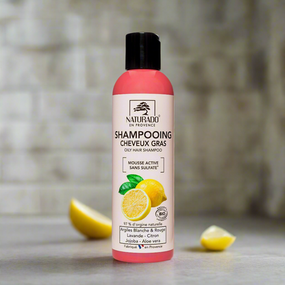 Shampoing sans sulfate cheveux gras à l'argile blanche, argile rouge, lavande, citron, jojoba, aloe vera - 200 ml