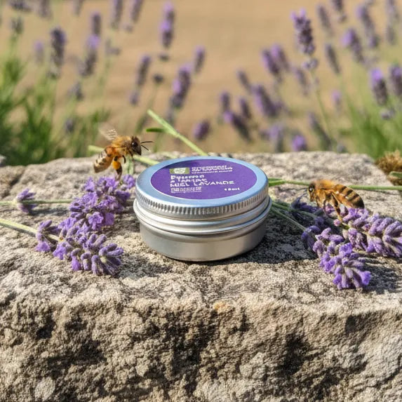 Baume à lèvres onctueux au miel, cire d'abeille, karité, huile d'olive et lavande - 15ml