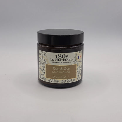 Bougie parfumée Cuir et Oud, cire végétale soja et coco - coulée à la main - 80g