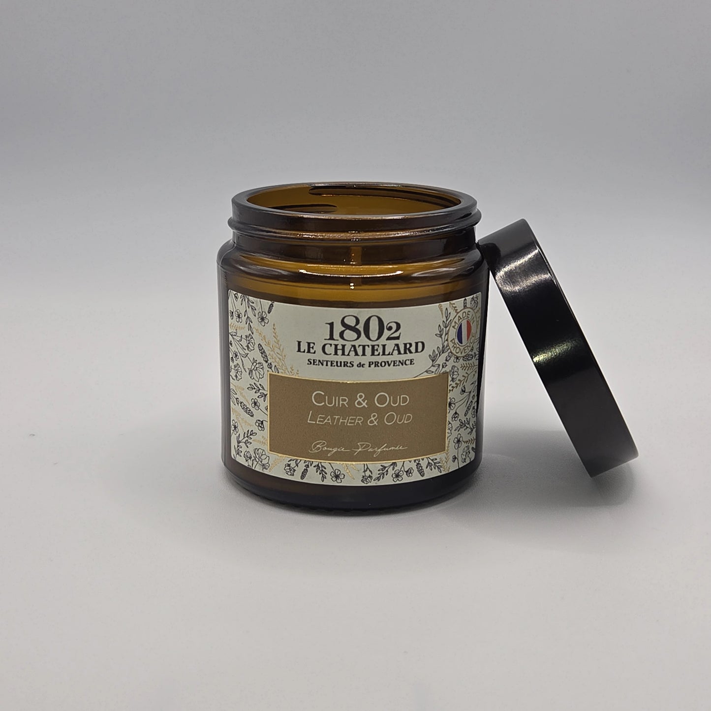 Bougie parfumée Cuir et Oud, cire végétale soja et coco - coulée à la main - 80g