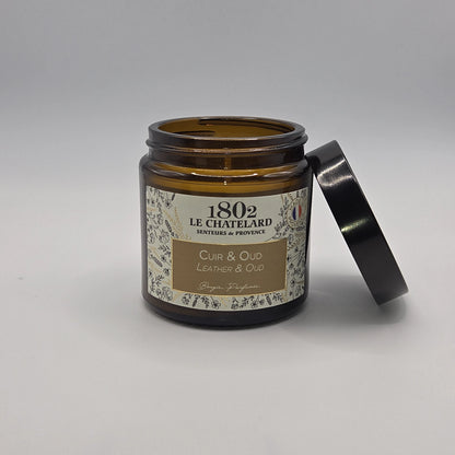 Bougie parfumée Cuir et Oud, cire végétale soja et coco - coulée à la main - 80g