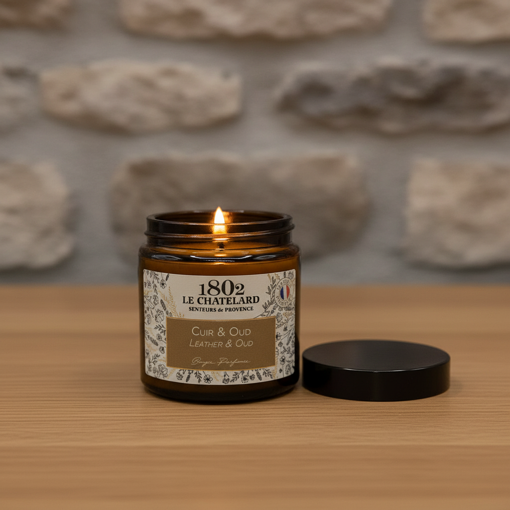 Bougie parfumée Cuir et Oud, cire végétale soja et coco - coulée à la main - 80g