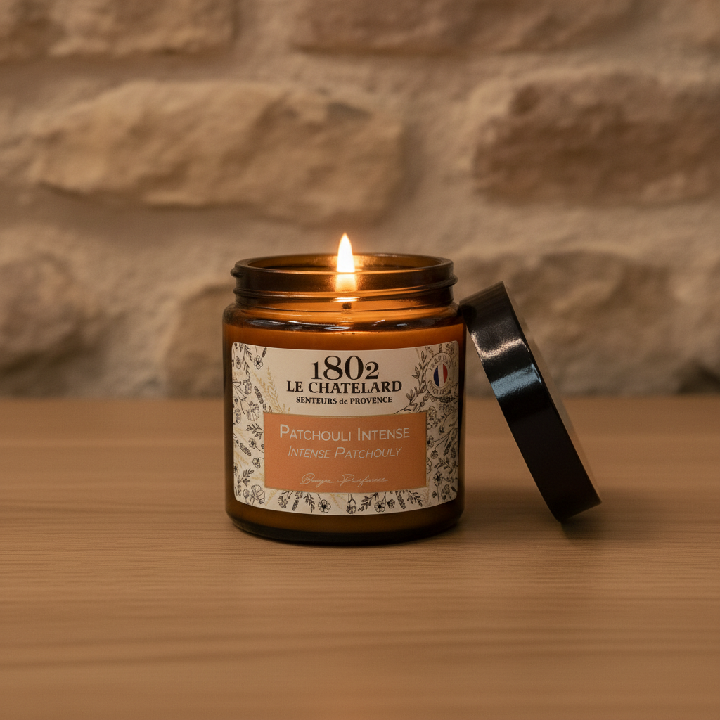 Bougie parfumée Patchouli Intense, cire végétale soja et coco - coulée à la main - 80g