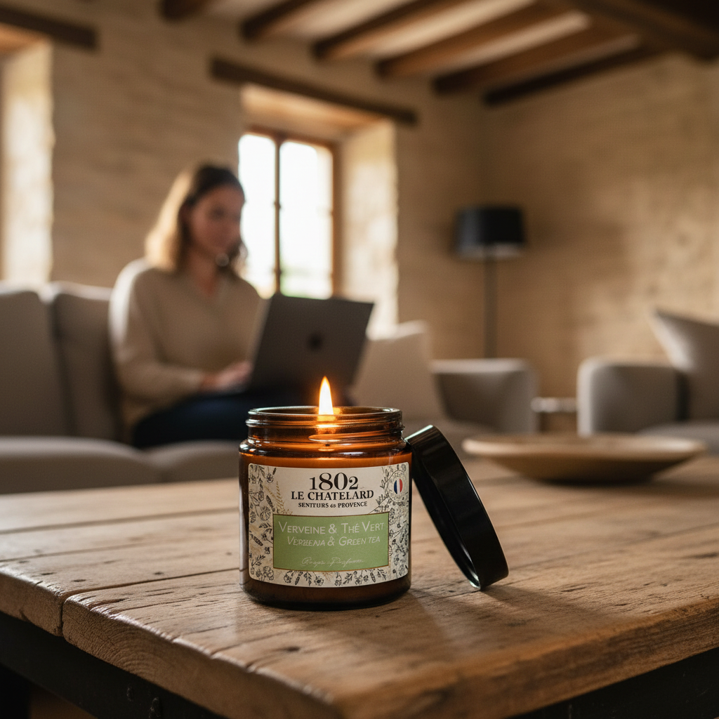 Bougie parfumée Verveine et Thé vert, cire végétale soja et coco - coulée à la main - 80g