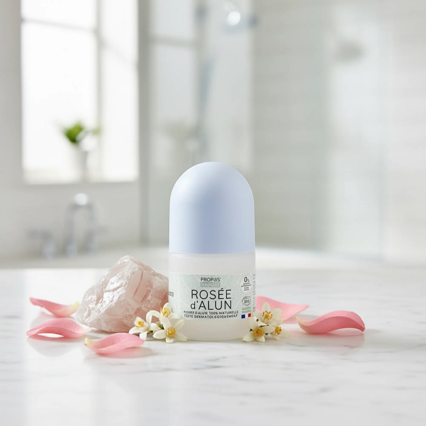 Déodorant roll-on à la pierre d'alun 100% naturelle, hydrolats rose et fleur d'oranger - Bio - 50ml