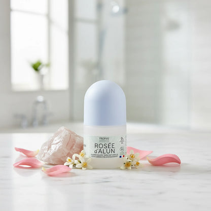 Déodorant roll-on à la pierre d'alun 100% naturelle, hydrolats rose et fleur d'oranger - Bio - 50ml
