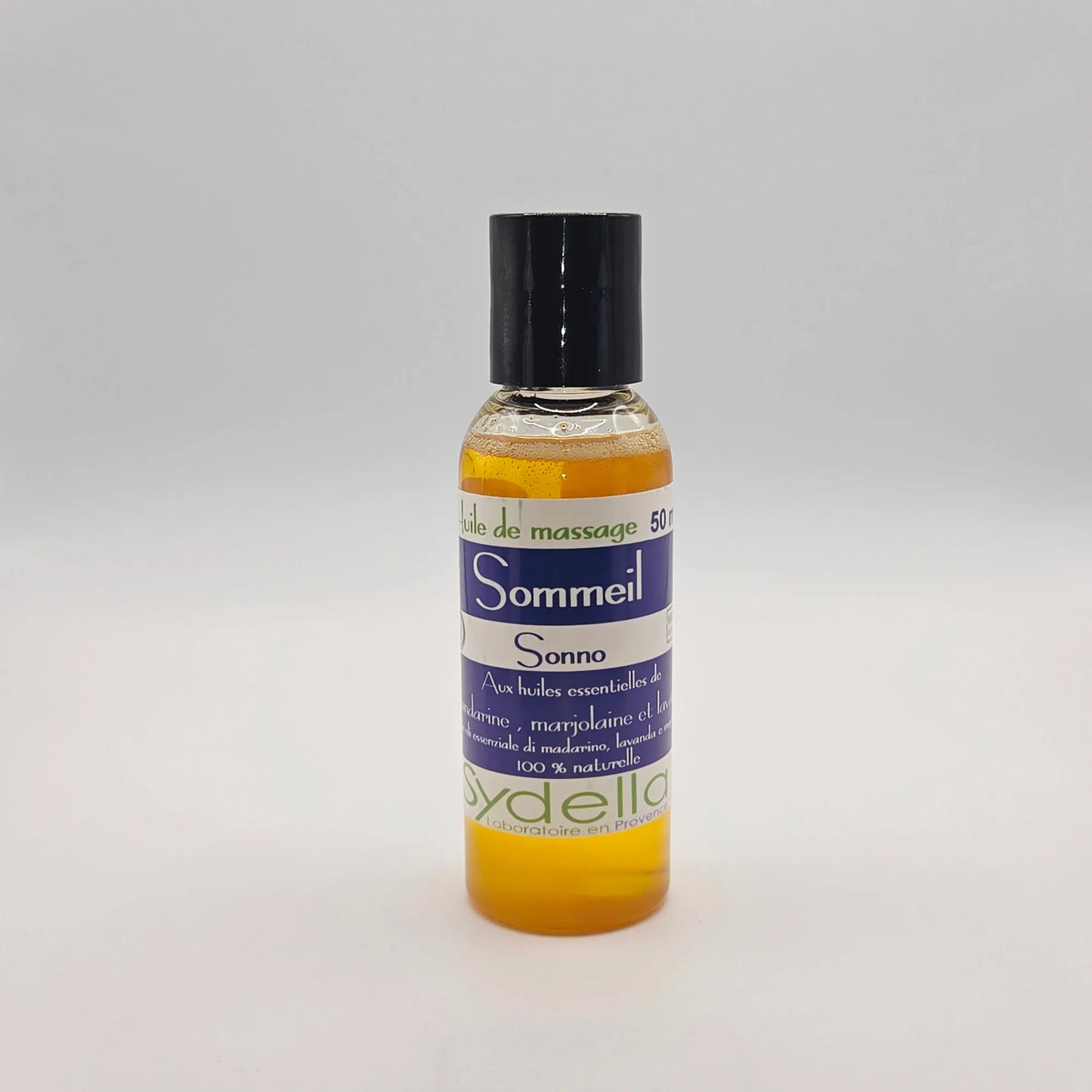 Huile de massage Sommeil, Antistress, Ronflements à l'huile de noyaux d'Abricot, essence de Mandarine, HE Marjolaine à Coquille - 50ml