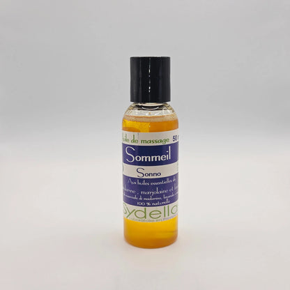 Huile de massage Sommeil, Antistress, Ronflements à l'huile de noyaux d'Abricot, essence de Mandarine, HE Marjolaine à Coquille - 50ml