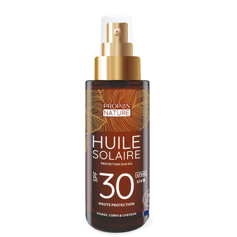 Huile solaire SPF30 Haute Protection UVA/UVB - Karanja, Urucum, Extrait d'algues - Visage, Corps et Cheveux - 100ml