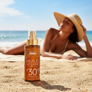 Huile solaire SPF30 Haute Protection UVA/UVB - Karanja, Urucum, Extrait d'algues - Visage, Corps et Cheveux - 100ml