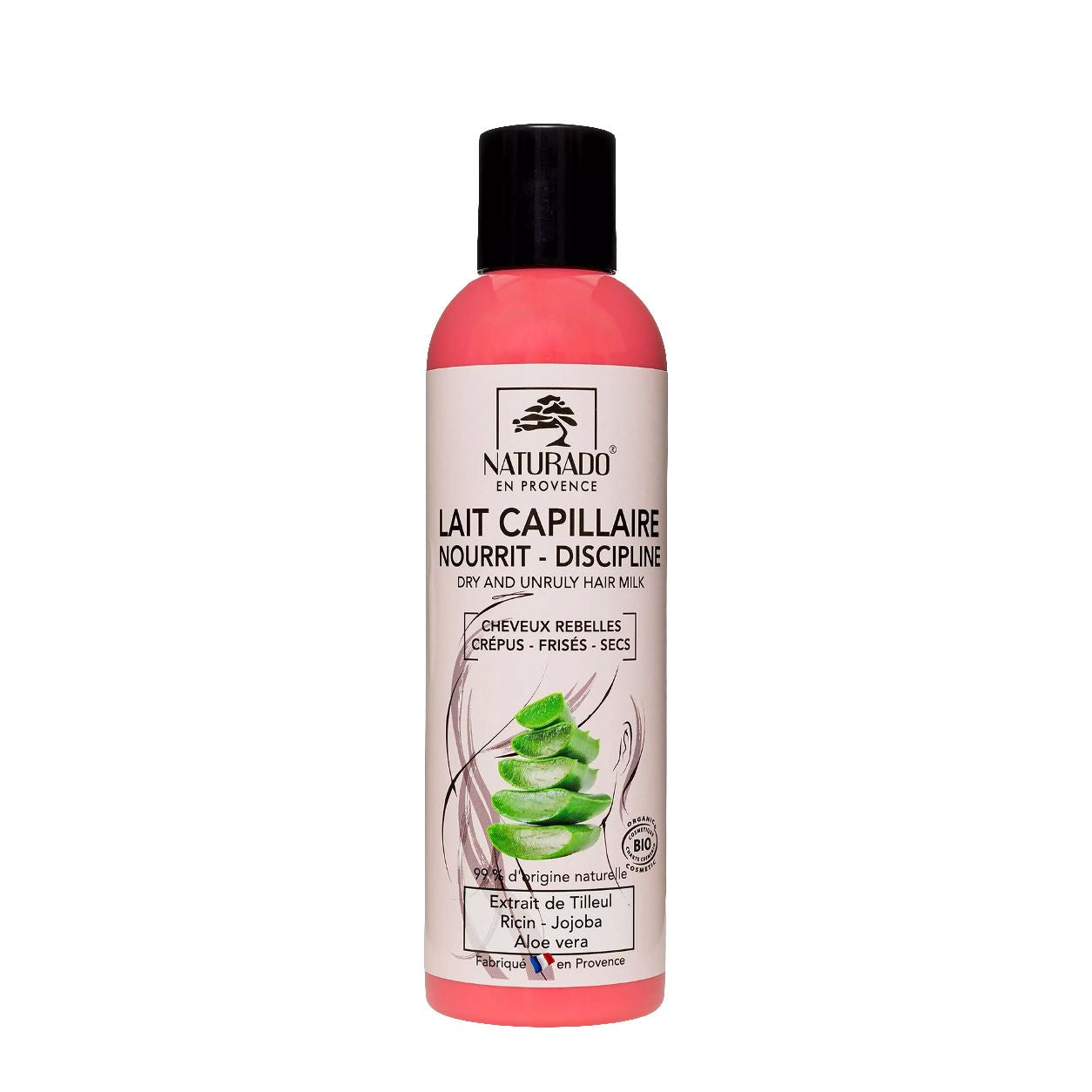 Lait capillaire pour cheveux rebelles - Crépus - Frisés et secs, à l'Aloe vera, extrait de Tilleul, Huile de Ricin et Jojoba - 200 ml