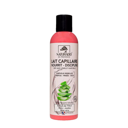 Lait capillaire pour cheveux rebelles - Crépus - Frisés et secs, à l'Aloe vera, extrait de Tilleul, Huile de Ricin et Jojoba - 200 ml
