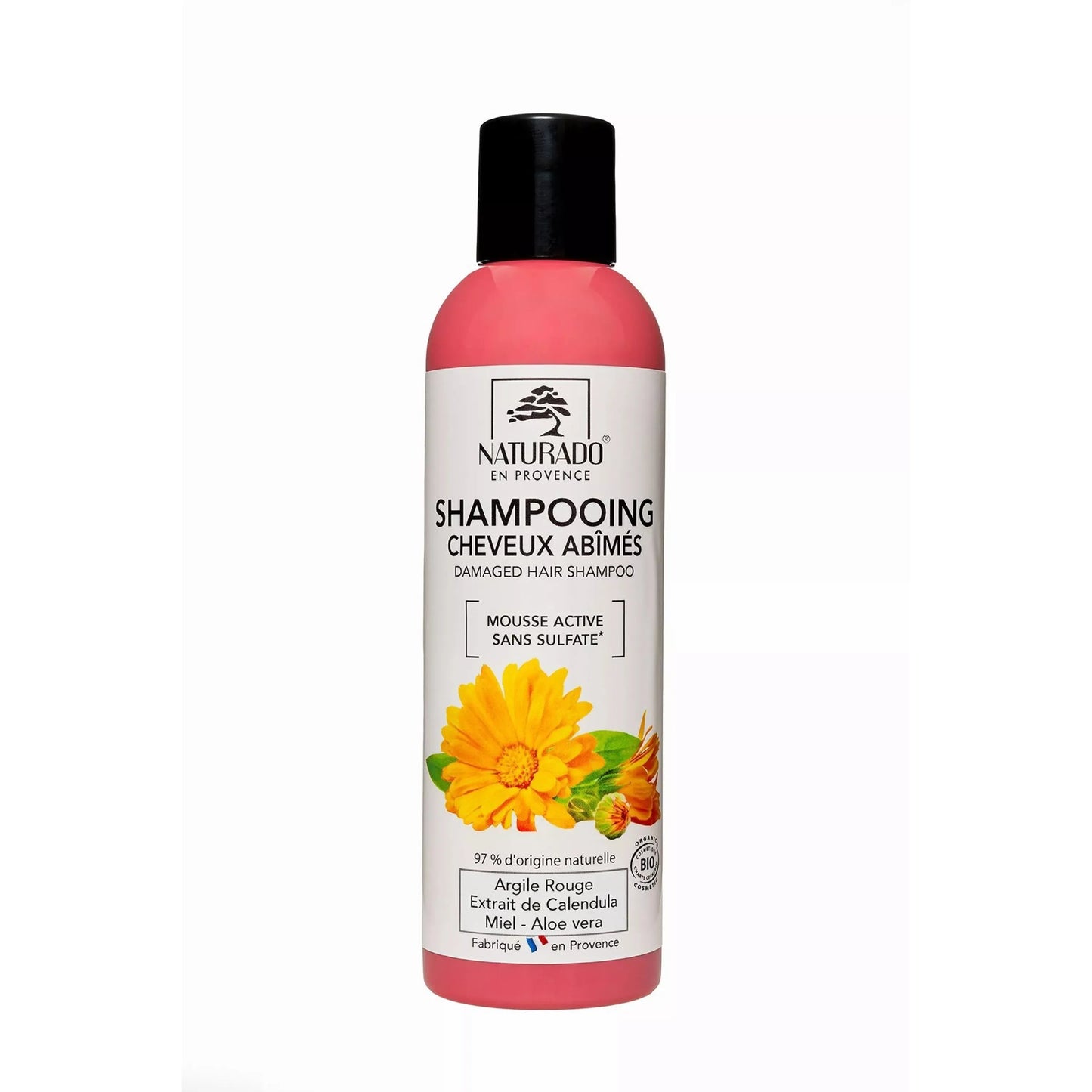Shampoing bio pour cheveux abîmés - Argile rouge, Extrait de calendula, miel, aloe vera - sans sulfate - 200 ml