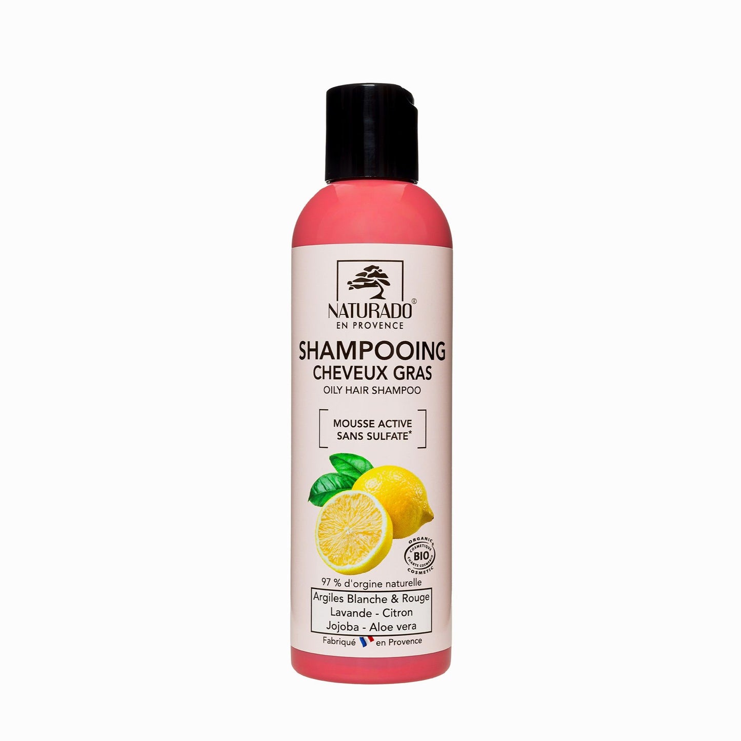 Shampoing sans sulfate cheveux gras à l'argile blanche, argile rouge, lavande, citron, jojoba, aloe vera - 200 ml