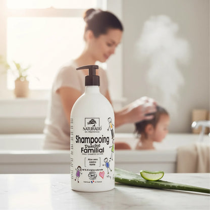 Shampoing Douche Familial Bio - Aloe Vera, Jojoba et Karité - Format économique 1 litre